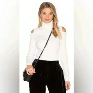 Theory Jemliss Cold Shoulder Ribbed  Wool Turtleneck Sweater Ivory Cream Small